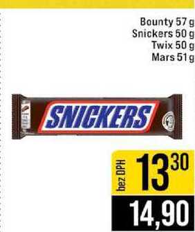 Bounty 57 g Snickers 50 g Twix 50 g Mars 51 g