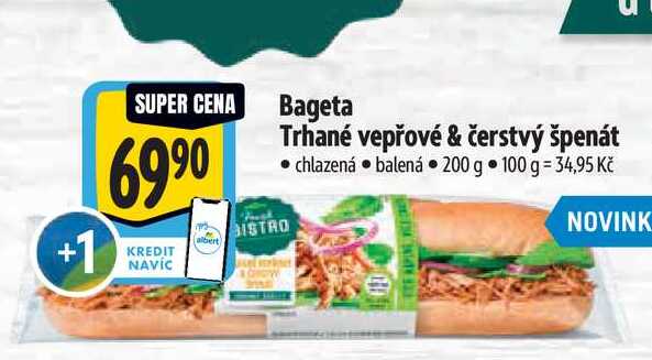 Bageta Trhané vepřové & čerstvý špenát 200 g