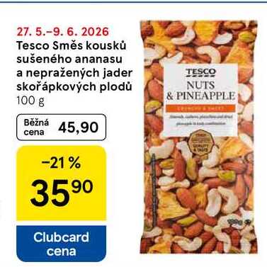 Tesco Směs kousků sušeného ananasu a nepražených jader skořápkových plodů, 100 g