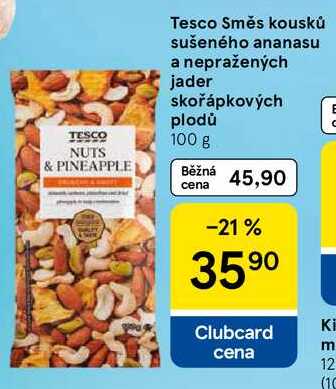 Tesco Směs kousků sušeného ananasu a nepražených jader skořápkových plodů, 100 g