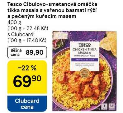 Tesco Cibulovo-smetanová omáčka tikka masala s vařenou basmati rýží a pečeným kuřecím masem, 400 g 