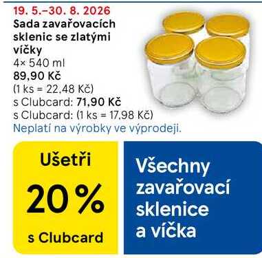 Sada zavařovacích sklenic se zlatými víčky, 4× 540 ml   