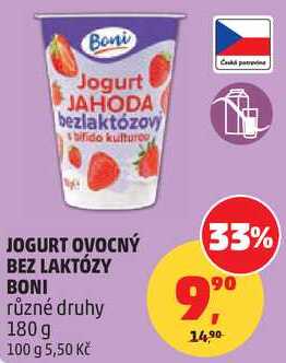 JOGURT OVOCNÝ BEZ LAKTÓZY BONI různé druhy, 180 g