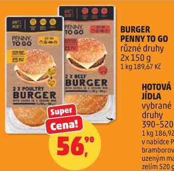 BURGER PENNY TO GO různé druhy, 2x 150 g