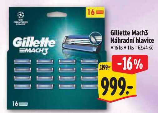 Gillette Mach3 Náhradní hlavice, 16 ks