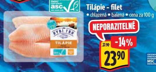 Tilápie-filet, cena za 100 g   
