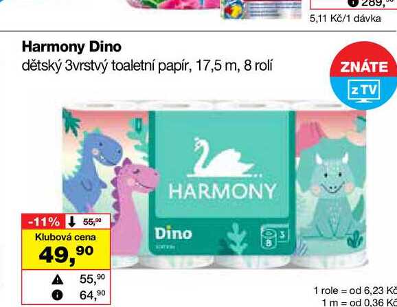 Harmony Dino dětský 3vrstvý toaletní papír, 17,5 m, 8 rolí
