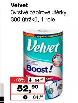 Velvet 3vrstvé papírové utěrky, 300 útržků, 1 role 