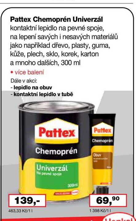 Pattex Chemoprén Univerzál kontaktní lepidlo na pevné spoje, na lepení savých i nesavých materiálů jako například dřevo, plasty, guma, kůže, plech, sklo, korek, karton a mnoho dalších, 300 ml