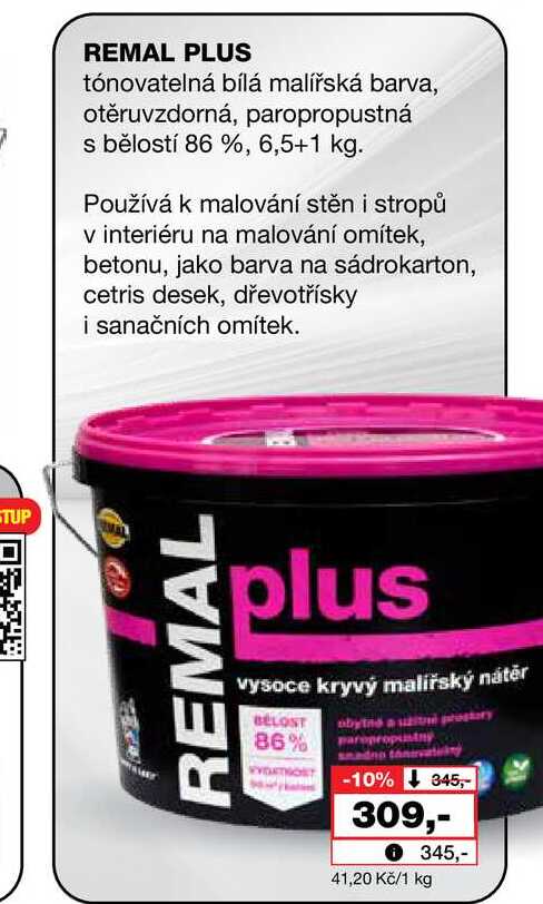 STUP REMAL PLUS tónovatelná bílá malířská barva, otěruvzdorná, paropropustná s bělostí 86 %, 6,5+1 kg