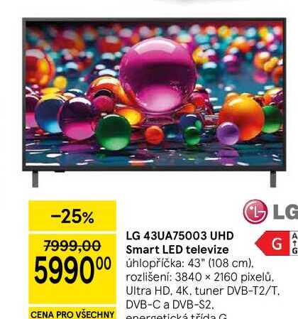 LG 43UA75003 UHD Smart LED televize, úhlopříčka: 43" (108 cm). rozlišení: 3840 x 2160 pixelů. Ultra HD, 4K, tuner DVB-T2/T. DVB-C a DVB-S2