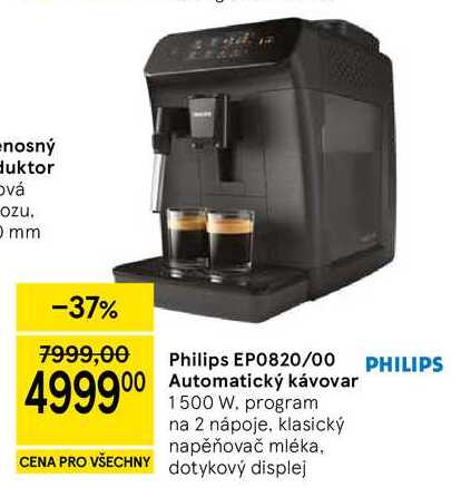Philips EP0820/00 Automatický kávovar, 1500 W. program na 2 nápoje, klasický napěňovač mléka, dotykový displej 