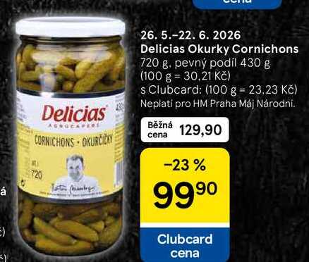 Delicias Okurky Cornichons, 720 g. pevný podíl 430 g