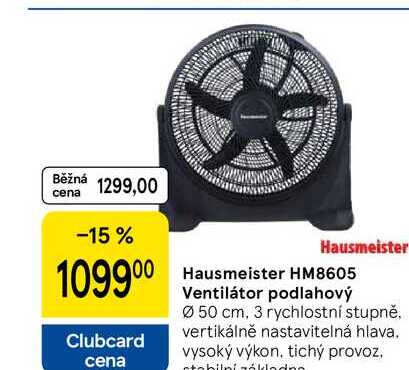 Hausmeister HM8605 Ventilátor podlahový, Ø 50 cm, 3 rychlostní stupně. vertikálně nastavitelná hlava. vysoký výkon, tichý provoz. stabilni základna