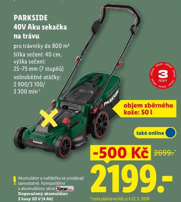 PARKSIDE 40V Aku sekačka na trávu