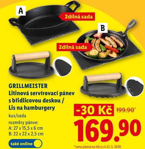 GRILLMEISTER Litinová servírovací pánev s břidlicovou deskou / Lis na hamburgery