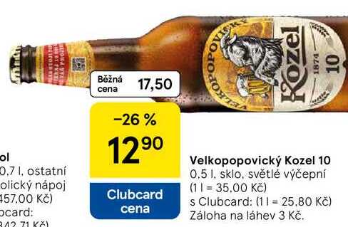 Velkopopovický Kozel 10, 0.5 l, sklo, světlé výčepní 