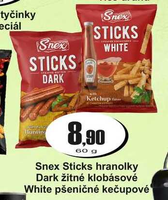 Snex Sticks hranolky Dark žitné klobásové White pšeničné kečupové