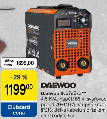 Daewoo Svářečka, 4.5 kVA, napětí 65 V, svařovac proud 20-140 A. stupeň krytí: IP21S, délka kabelu s držákem elektrody 1,6 m