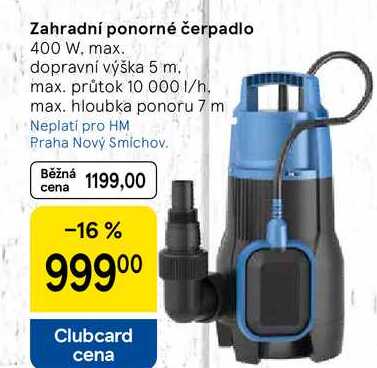 Zahradní ponorné čerpadlo, 400 W, max. dopravní výška 5 m. max. průtok 10 000 1/h. max. hloubka ponoru 7 m