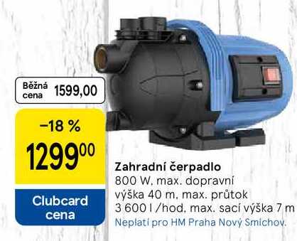 Zahradní čerpadlo, 800 W. max. dopravní výška 40 m, max. průtok 36001/hod. max. sací výška 7 m