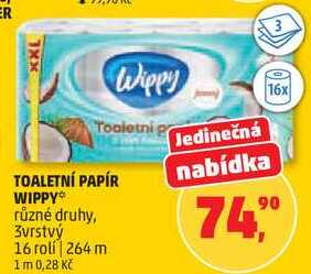 TOALETNÍ PAPÍR WIPPY různé druhy, 3vrstvý 16 rolí, 264 m