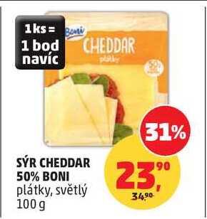 SÝR CHEDDAR 50% BONI plátky, světlý, 100 g 