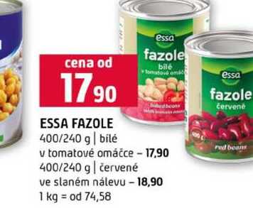 ESSA FAZOLE 400/240 g bílé v tomatové omáčce 400/240 g červené ve slaném nálevu 