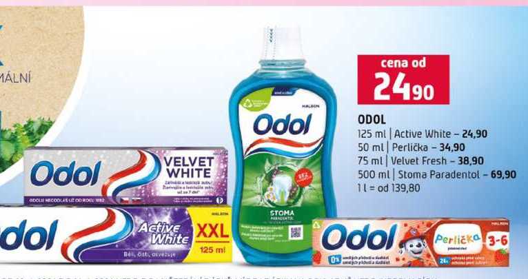 ODOL 125 ml Active White 50 ml Perlička 75 ml Velvet Fresh 500 ml Stoma Paradentol