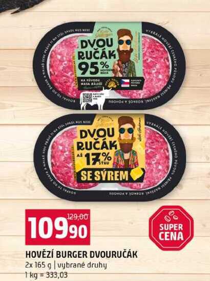 HOVĚZÍ BURGER DVOURUČÁK 2x 165 g vybrané druhy