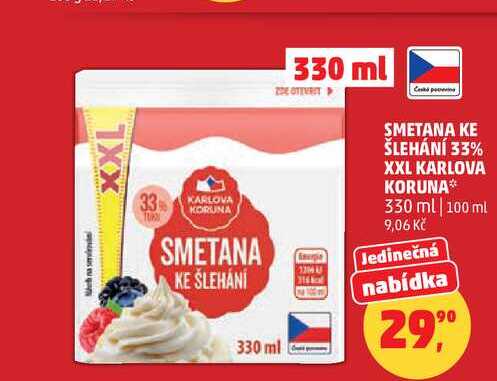SMETANA KE ŠLEHÁNÍ 33% XXL KARLOVA KORUNA, 330 ml