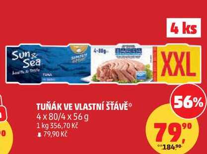 TUŇÁK VE VLASTNÍ ŠŤÁVĚ, 4 x 80/4 x 56 g