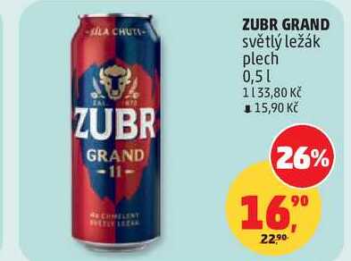 ZUBR GRAND světlý ležák plech, 0,5 l