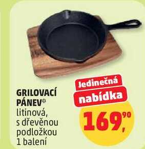 GRILOVACÍ PÁNEV litinová, s dřevěnou podložkou, 1 balení 