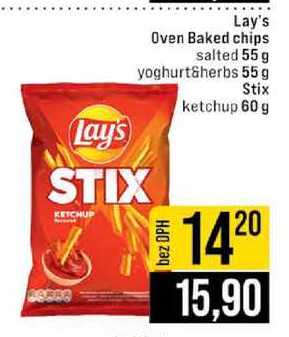 Lay's Oven Baked chips salted 55 g yoghurt&herbs 55 g Stix ketchup 60 g