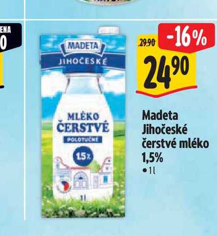 Madeta Jihočeské čerstvé mléko 1,5% 1 l