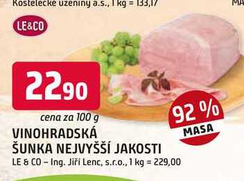VINOHRADSKÁ ŠUNKA NEJVYŠŠÍ JAKOSTI 92% 100g