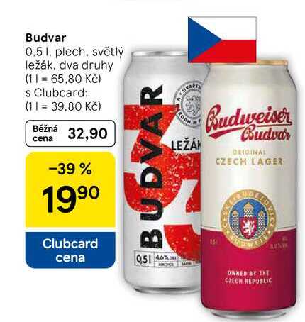 Budvar, 0.5 l, plech, světlý ležák, dva druhy  