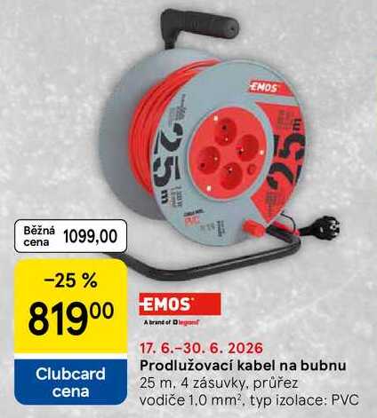 Prodlužovací kabel na bubnu, 25 m. 4 zásuvky, průřez vodiče 1,0 mm², typ izolace: PVC