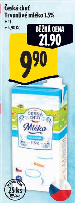 Česká chuť Trvanlivé mléko 1,5%, 1 l